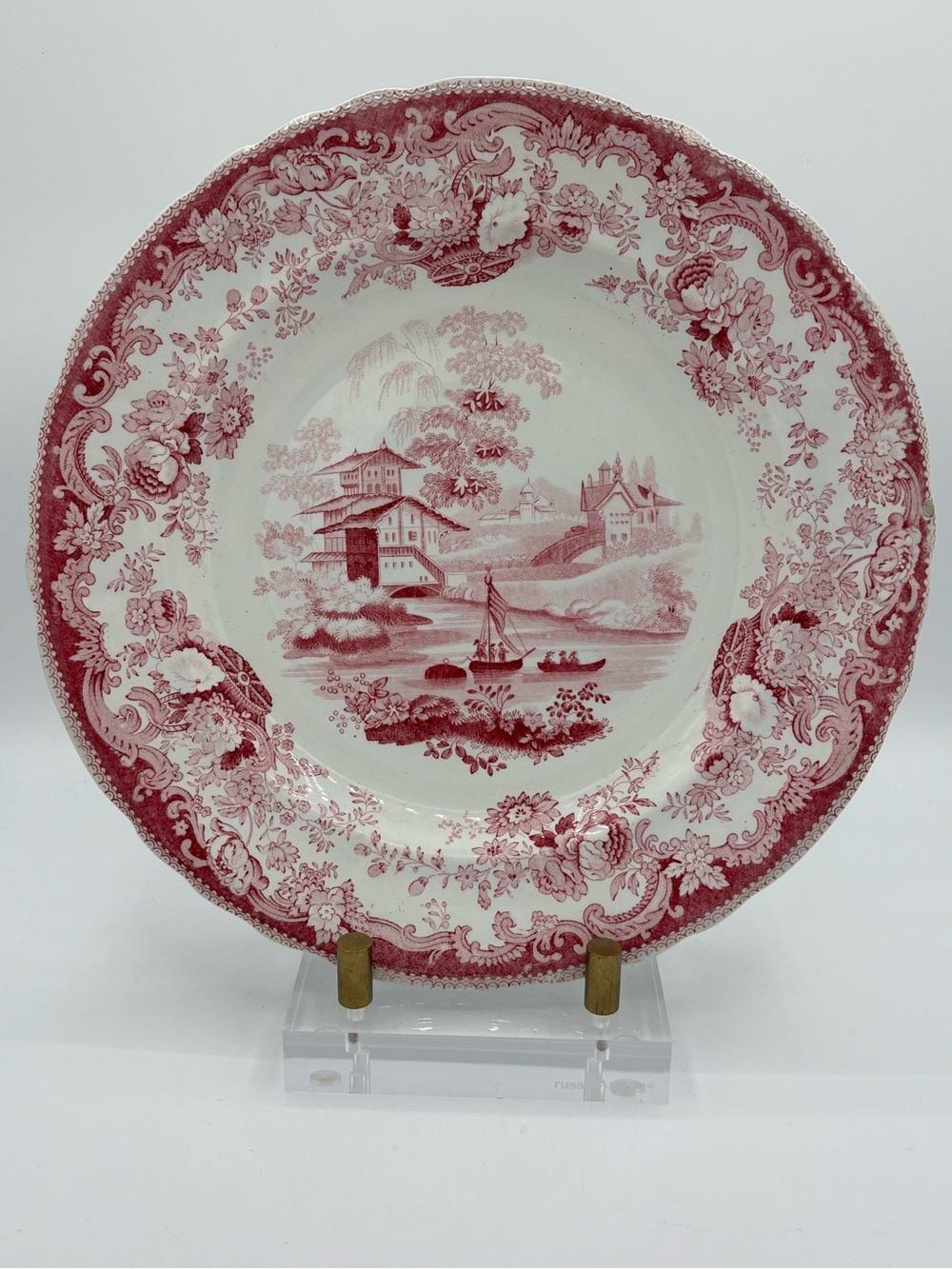 Antique R. Stevenson Swiss Cranberry Red Transferware Plate English Cottage